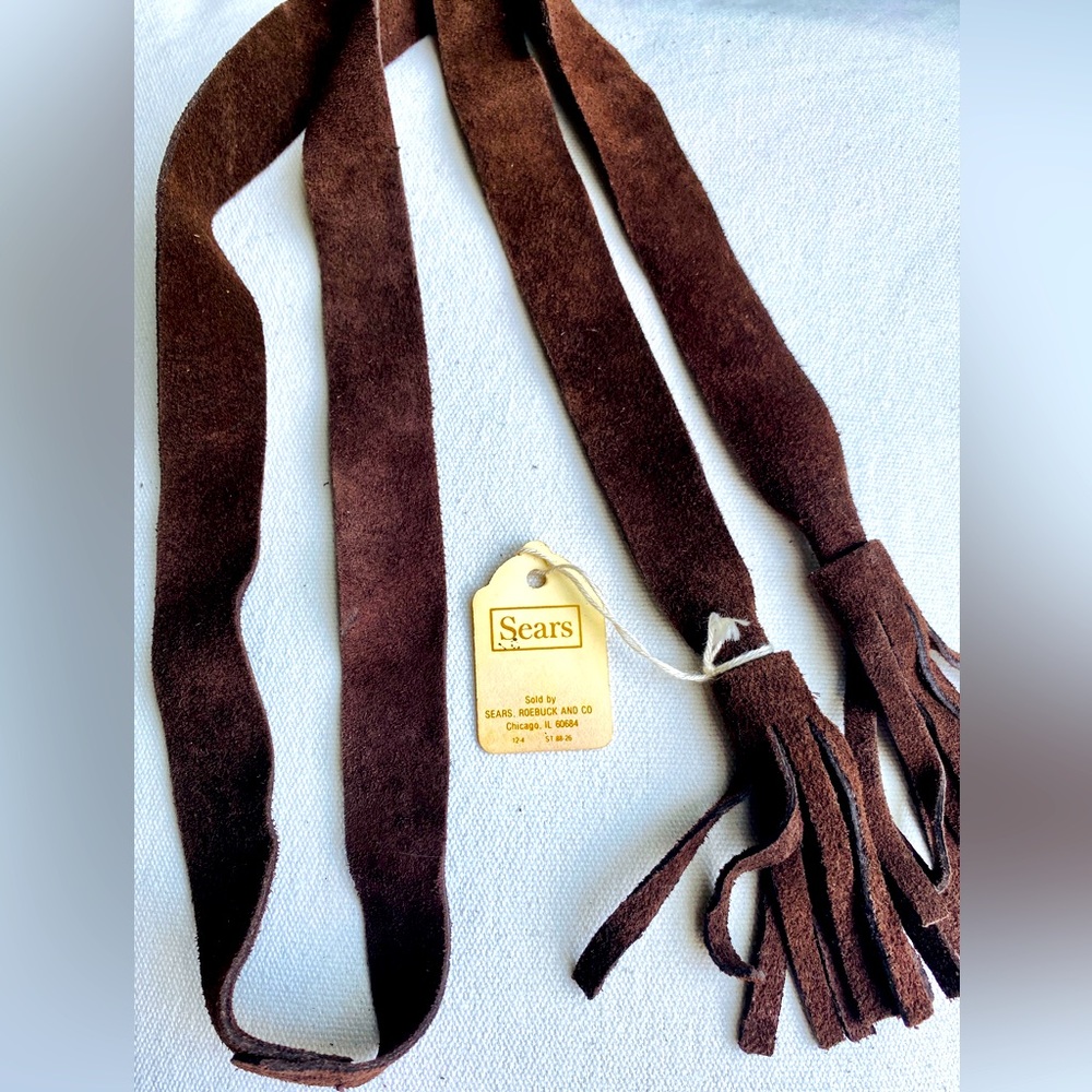 Vintage 70s NWT Brown suede Sears Roebuck Tie Belt with Fringe. Hippie Boho